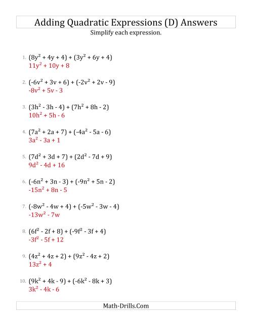 The Adding and Simplifying Quadratic Expressions (D) Math Worksheet Page 2