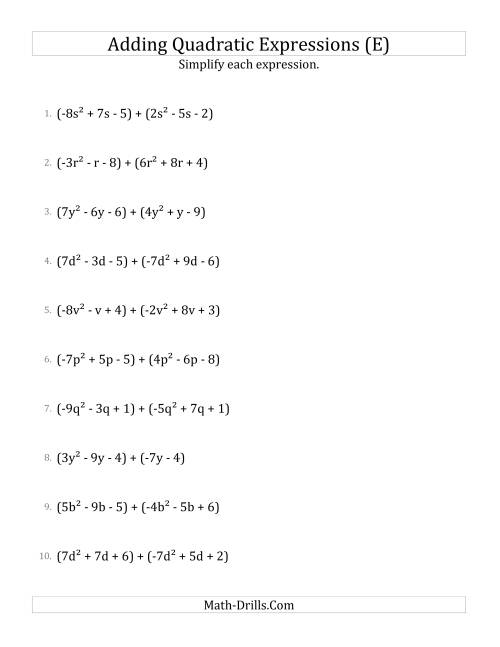 The Adding and Simplifying Quadratic Expressions (E) Math Worksheet