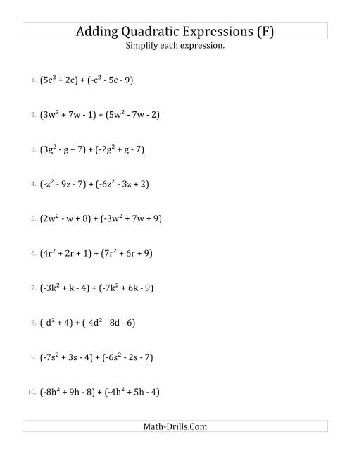 The Adding and Simplifying Quadratic Expressions (F) Math Worksheet