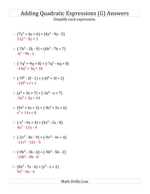 The Adding and Simplifying Quadratic Expressions (G) Math Worksheet Page 2