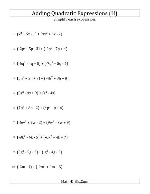 The Adding and Simplifying Quadratic Expressions (H) Math Worksheet