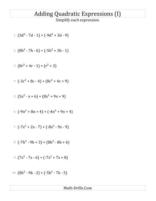 The Adding and Simplifying Quadratic Expressions (I) Math Worksheet