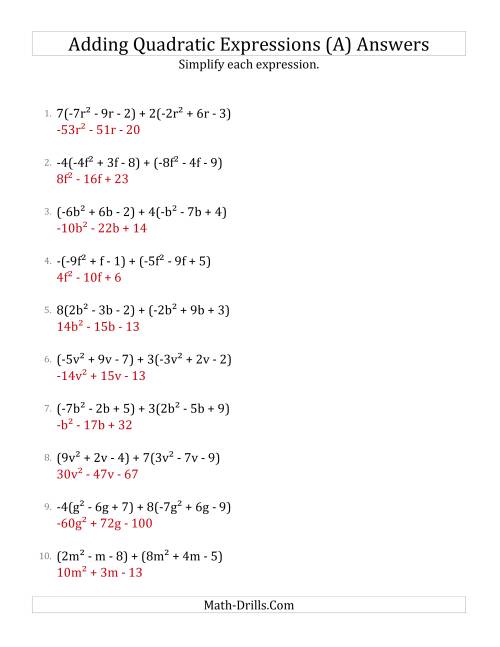 The Adding and Simplifying Quadratic Expressions with Some Multipliers (A) Math Worksheet Page 2