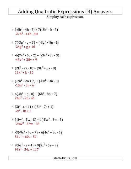 The Adding and Simplifying Quadratic Expressions with Some Multipliers (B) Math Worksheet Page 2