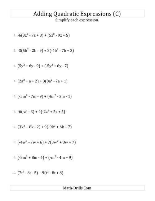 The Adding and Simplifying Quadratic Expressions with Some Multipliers (C) Math Worksheet