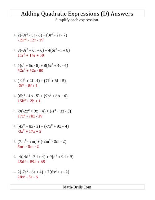 The Adding and Simplifying Quadratic Expressions with Some Multipliers (D) Math Worksheet Page 2