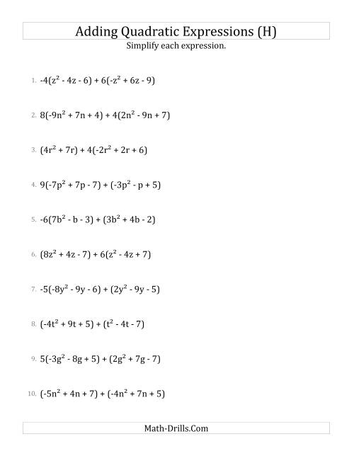 The Adding and Simplifying Quadratic Expressions with Some Multipliers (H) Math Worksheet
