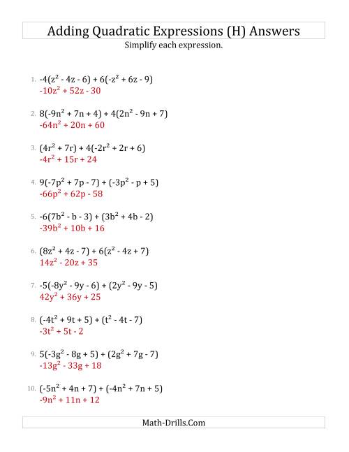 The Adding and Simplifying Quadratic Expressions with Some Multipliers (H) Math Worksheet Page 2