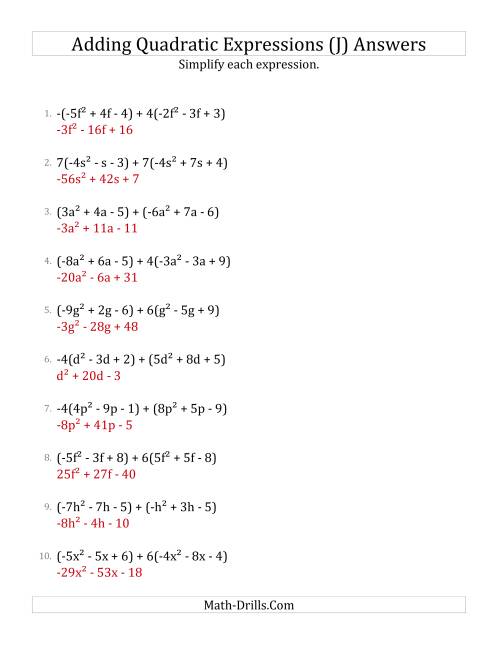 The Adding and Simplifying Quadratic Expressions with Some Multipliers (J) Math Worksheet Page 2