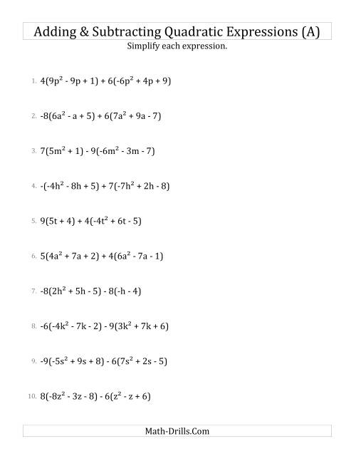The Adding and Subtracting and Simplifying Quadratic Expressions with Multipliers (A) Math Worksheet