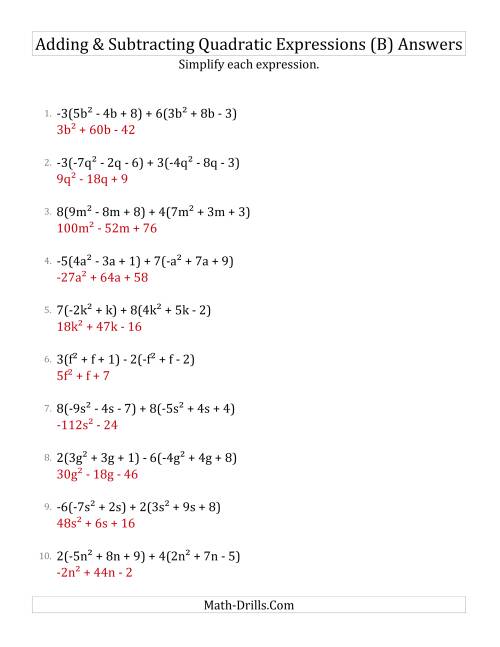 The Adding and Subtracting and Simplifying Quadratic Expressions with Multipliers (B) Math Worksheet Page 2