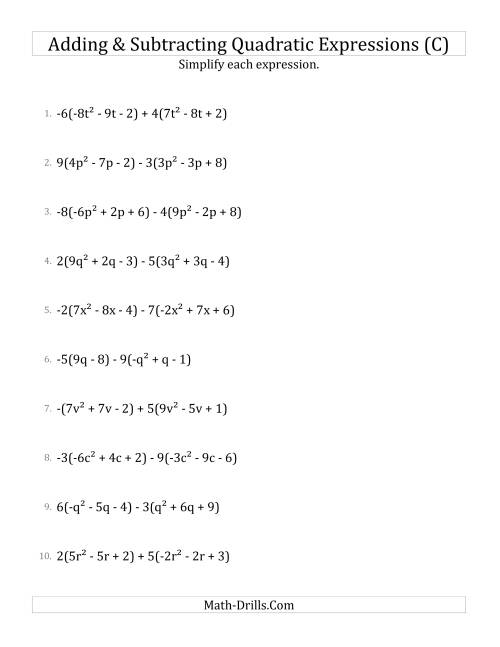 The Adding and Subtracting and Simplifying Quadratic Expressions with Multipliers (C) Math Worksheet