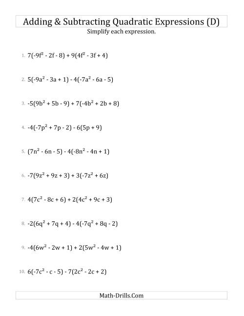 The Adding and Subtracting and Simplifying Quadratic Expressions with Multipliers (D) Math Worksheet