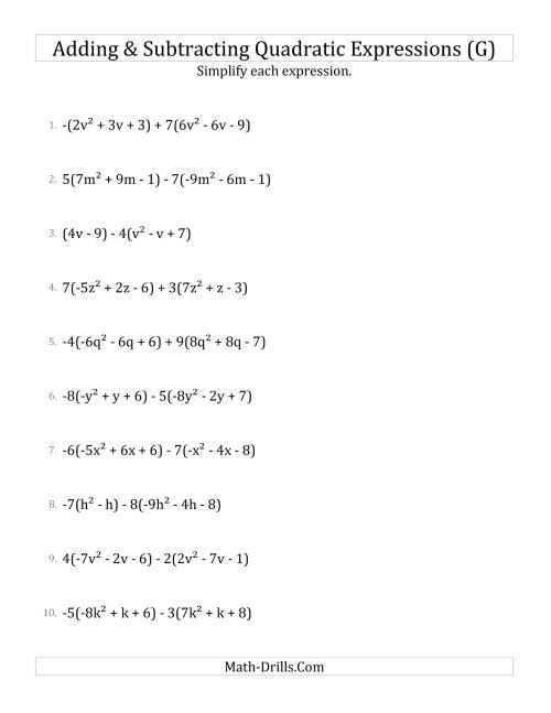 The Adding and Subtracting and Simplifying Quadratic Expressions with Multipliers (G) Math Worksheet
