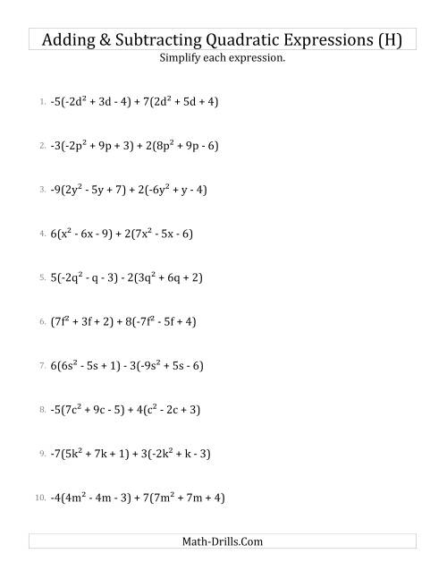 The Adding and Subtracting and Simplifying Quadratic Expressions with Multipliers (H) Math Worksheet