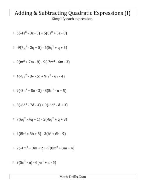 The Adding and Subtracting and Simplifying Quadratic Expressions with Multipliers (I) Math Worksheet