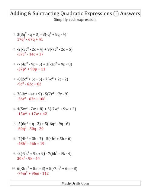 The Adding and Subtracting and Simplifying Quadratic Expressions with Multipliers (J) Math Worksheet Page 2