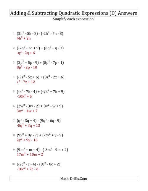 The Adding and Subtracting and Simplifying Quadratic Expressions (D) Math Worksheet Page 2