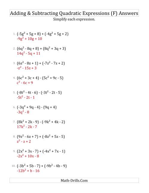 The Adding and Subtracting and Simplifying Quadratic Expressions (F) Math Worksheet Page 2
