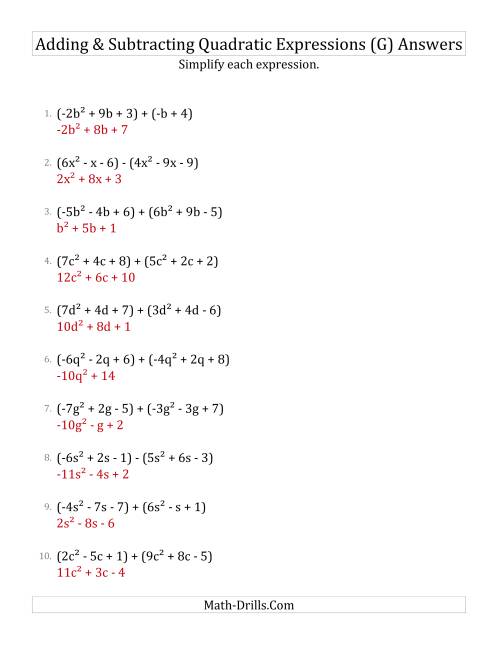 The Adding and Subtracting and Simplifying Quadratic Expressions (G) Math Worksheet Page 2