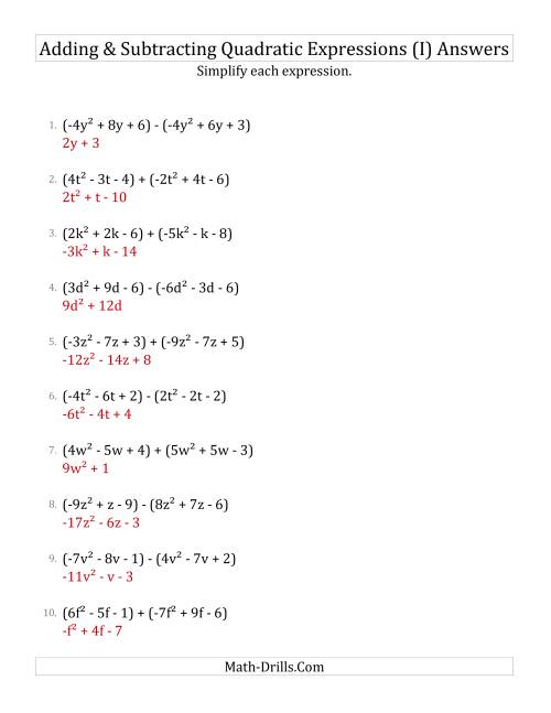 The Adding and Subtracting and Simplifying Quadratic Expressions (I) Math Worksheet Page 2