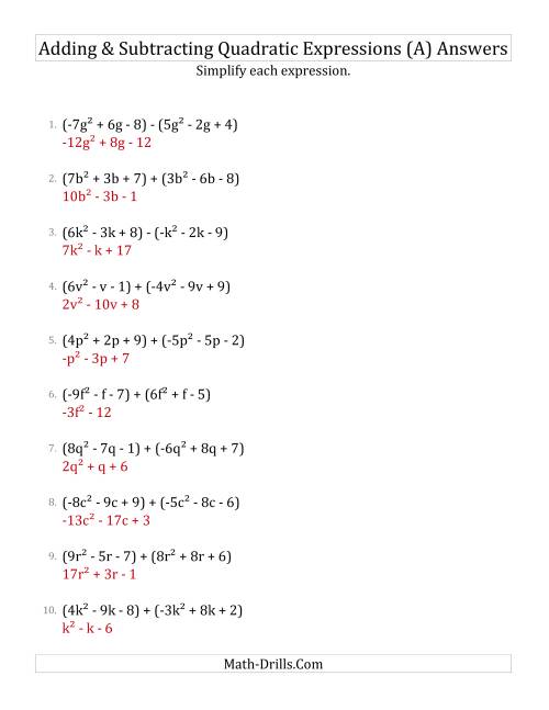 The Adding and Subtracting and Simplifying Quadratic Expressions (All) Math Worksheet Page 2