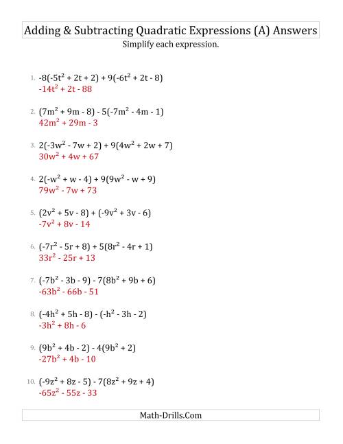 The Adding and Subtracting and Simplifying Quadratic Expressions with Some Multipliers (A) Math Worksheet Page 2