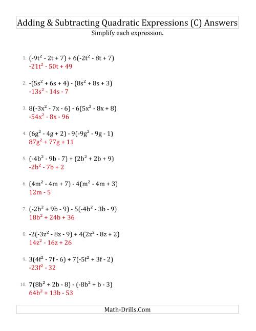 The Adding and Subtracting and Simplifying Quadratic Expressions with Some Multipliers (C) Math Worksheet Page 2