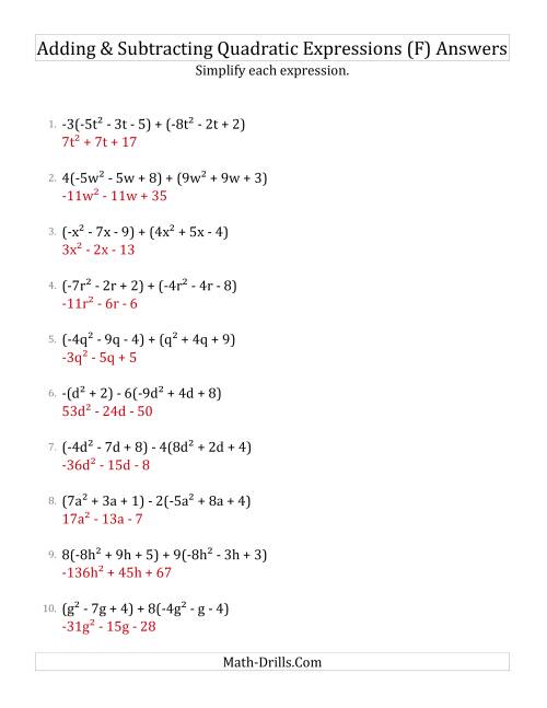 The Adding and Subtracting and Simplifying Quadratic Expressions with Some Multipliers (F) Math Worksheet Page 2