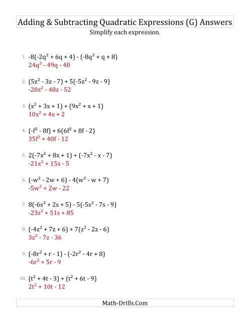 The Adding and Subtracting and Simplifying Quadratic Expressions with Some Multipliers (G) Math Worksheet Page 2
