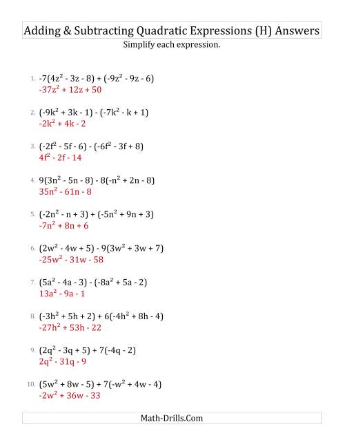 The Adding and Subtracting and Simplifying Quadratic Expressions with Some Multipliers (H) Math Worksheet Page 2