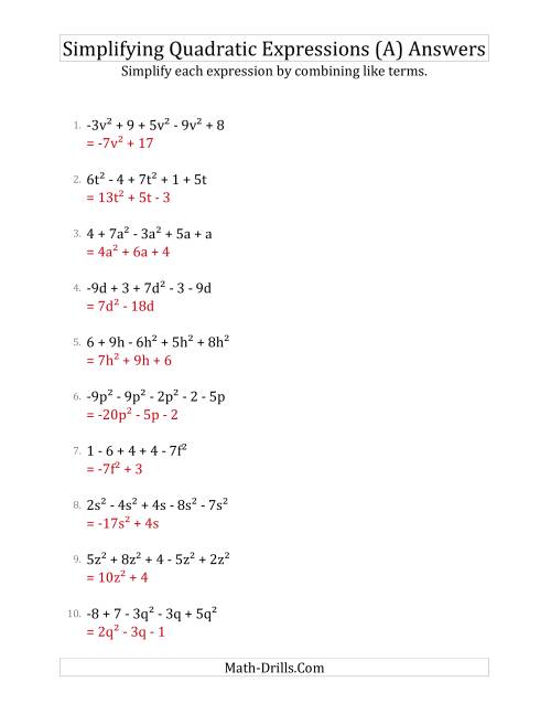 The Simplifying Quadratic Expressions with 5 Terms (A) Math Worksheet Page 2