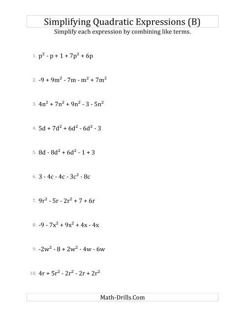 The Simplifying Quadratic Expressions with 5 Terms (B) Math Worksheet