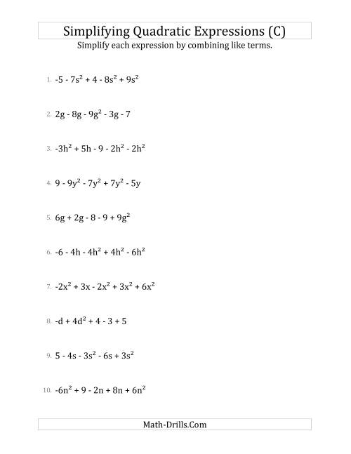 The Simplifying Quadratic Expressions with 5 Terms (C) Math Worksheet