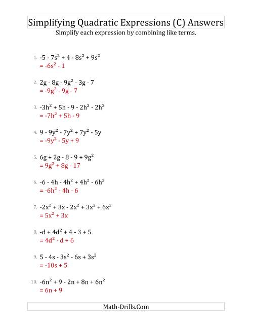 The Simplifying Quadratic Expressions with 5 Terms (C) Math Worksheet Page 2