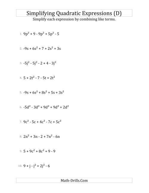 The Simplifying Quadratic Expressions with 5 Terms (D) Math Worksheet