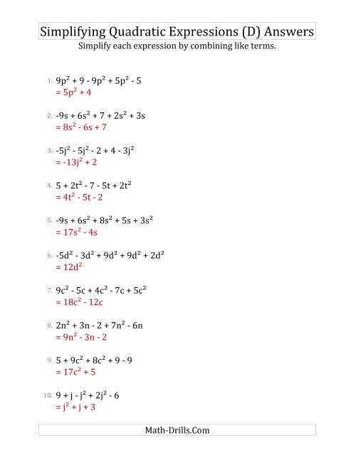 The Simplifying Quadratic Expressions with 5 Terms (D) Math Worksheet Page 2