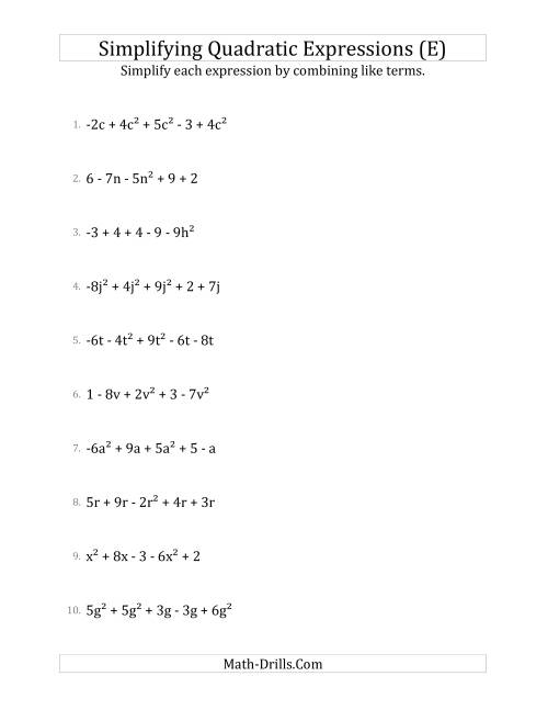 The Simplifying Quadratic Expressions with 5 Terms (E) Math Worksheet