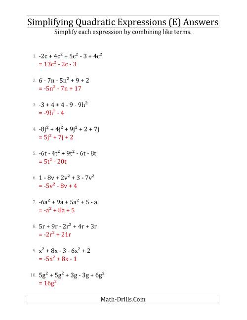 The Simplifying Quadratic Expressions with 5 Terms (E) Math Worksheet Page 2
