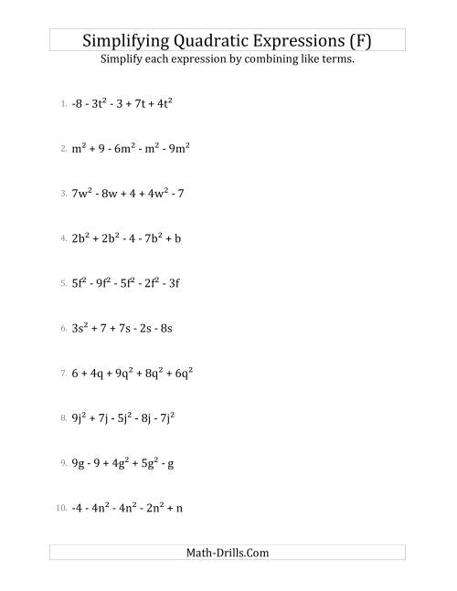 The Simplifying Quadratic Expressions with 5 Terms (F) Math Worksheet