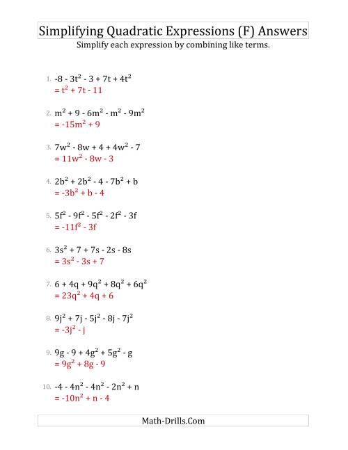 The Simplifying Quadratic Expressions with 5 Terms (F) Math Worksheet Page 2