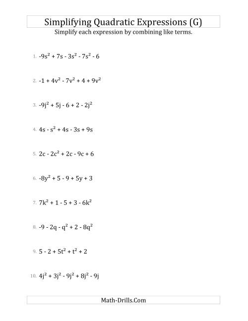 The Simplifying Quadratic Expressions with 5 Terms (G) Math Worksheet