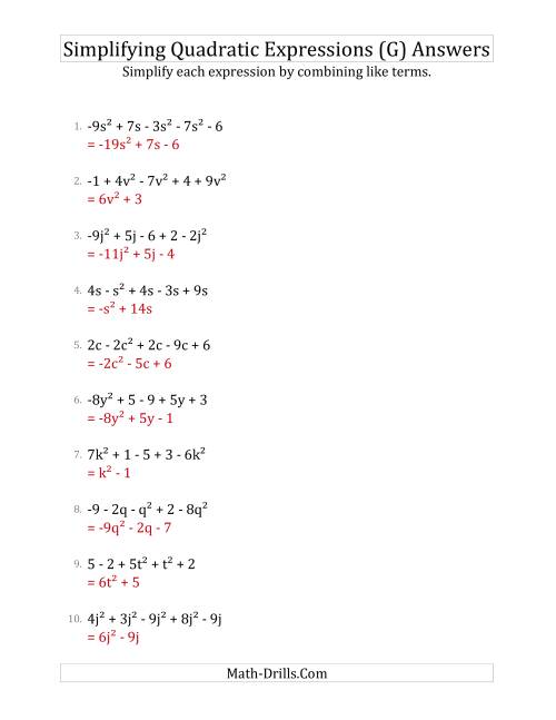 The Simplifying Quadratic Expressions with 5 Terms (G) Math Worksheet Page 2