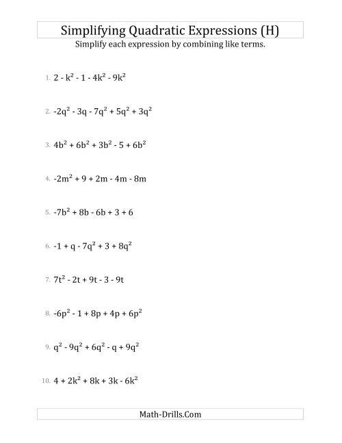 The Simplifying Quadratic Expressions with 5 Terms (H) Math Worksheet