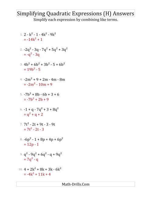The Simplifying Quadratic Expressions with 5 Terms (H) Math Worksheet Page 2