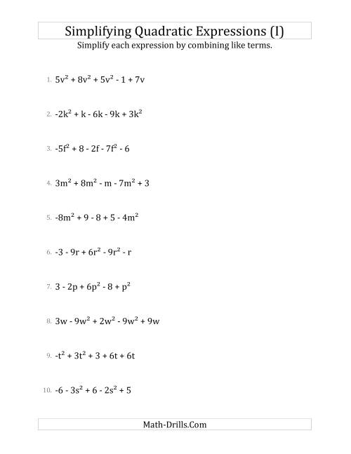 The Simplifying Quadratic Expressions with 5 Terms (I) Math Worksheet
