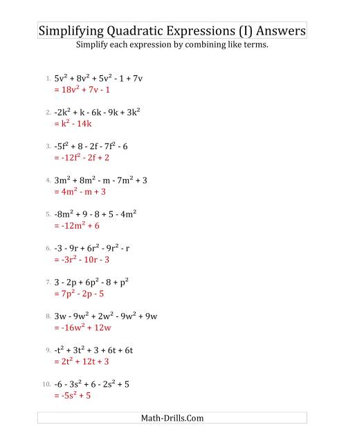 The Simplifying Quadratic Expressions with 5 Terms (I) Math Worksheet Page 2