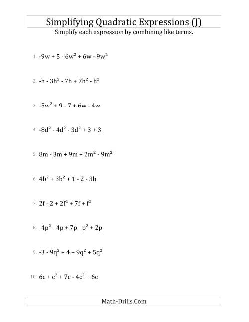 The Simplifying Quadratic Expressions with 5 Terms (J) Math Worksheet