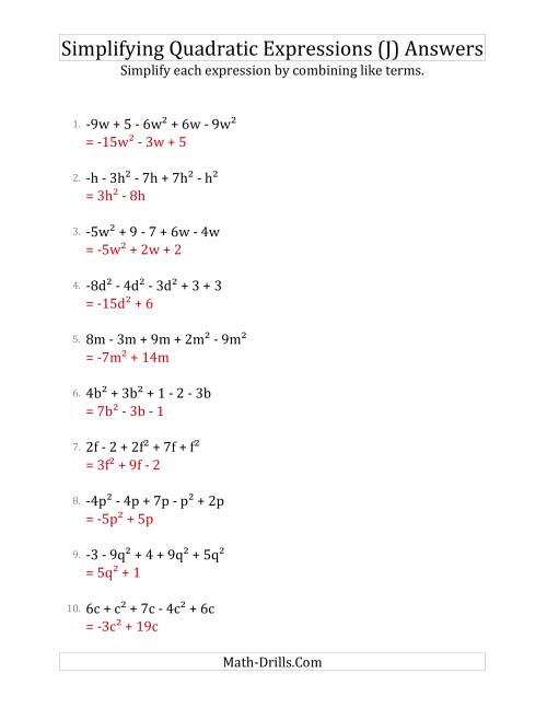The Simplifying Quadratic Expressions with 5 Terms (J) Math Worksheet Page 2