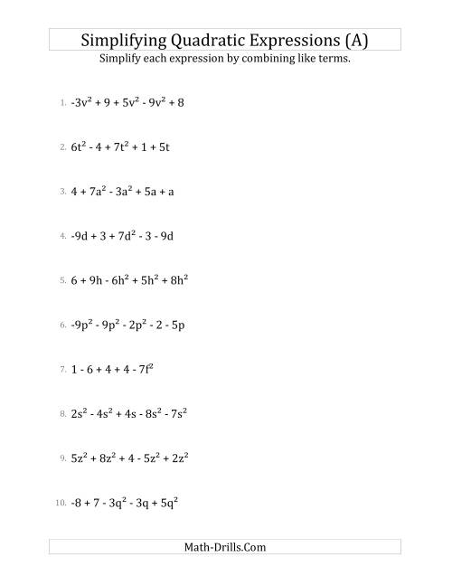 The Simplifying Quadratic Expressions with 5 Terms (All) Math Worksheet